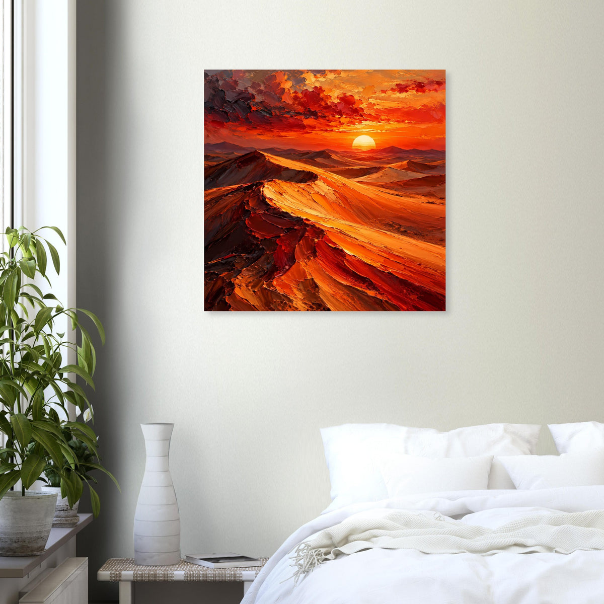 Poster zeigt Wüstenlandschaft bei Sonnenuntergang mit rotem Himmel und orangen Dünen