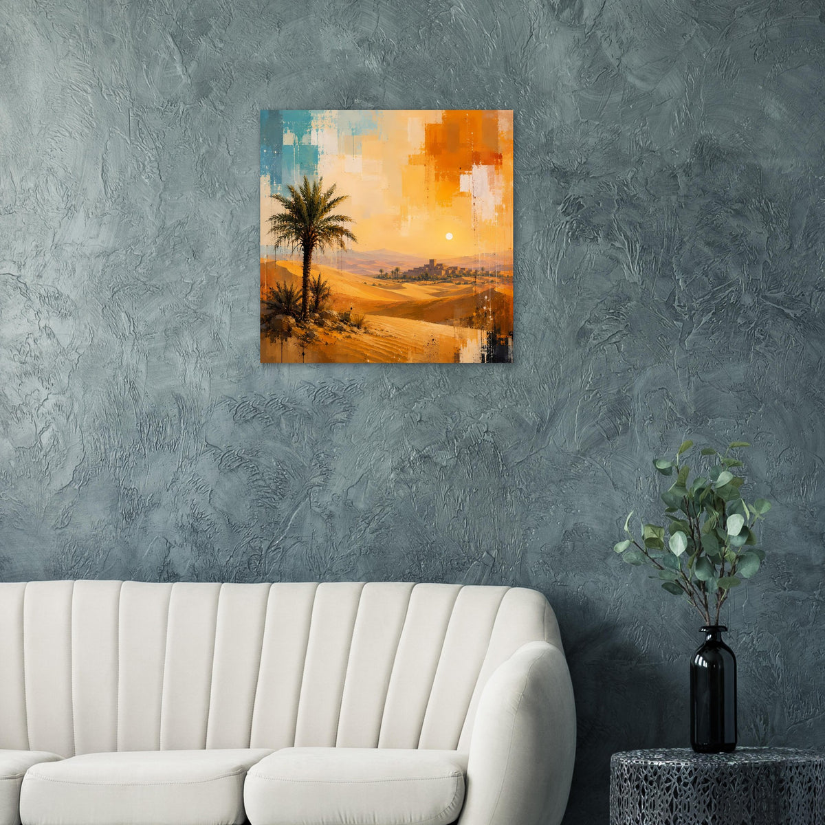 Wandposter mit Palmen und Dünen, warmes Sonnenlicht sowie türkis-orange Farbakzente
