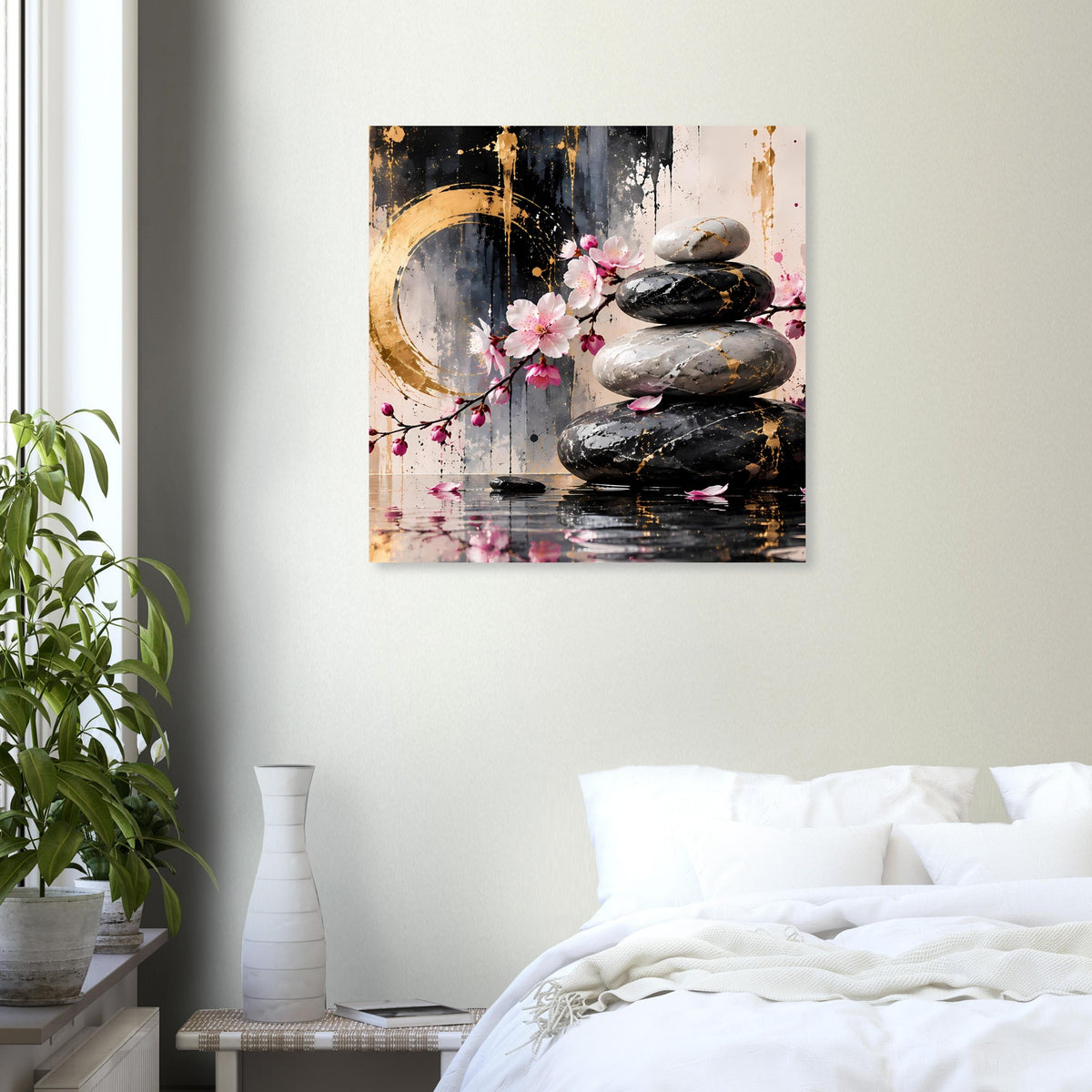 Quadratisches Wandposter mit Kirschblüten und Stapel schwarzer Steine, goldene Akzente