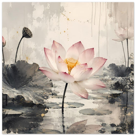 Zen-Poster mit rosa-weißer Lotusblüte auf grauem Seerosenteich, abstrakter Stil