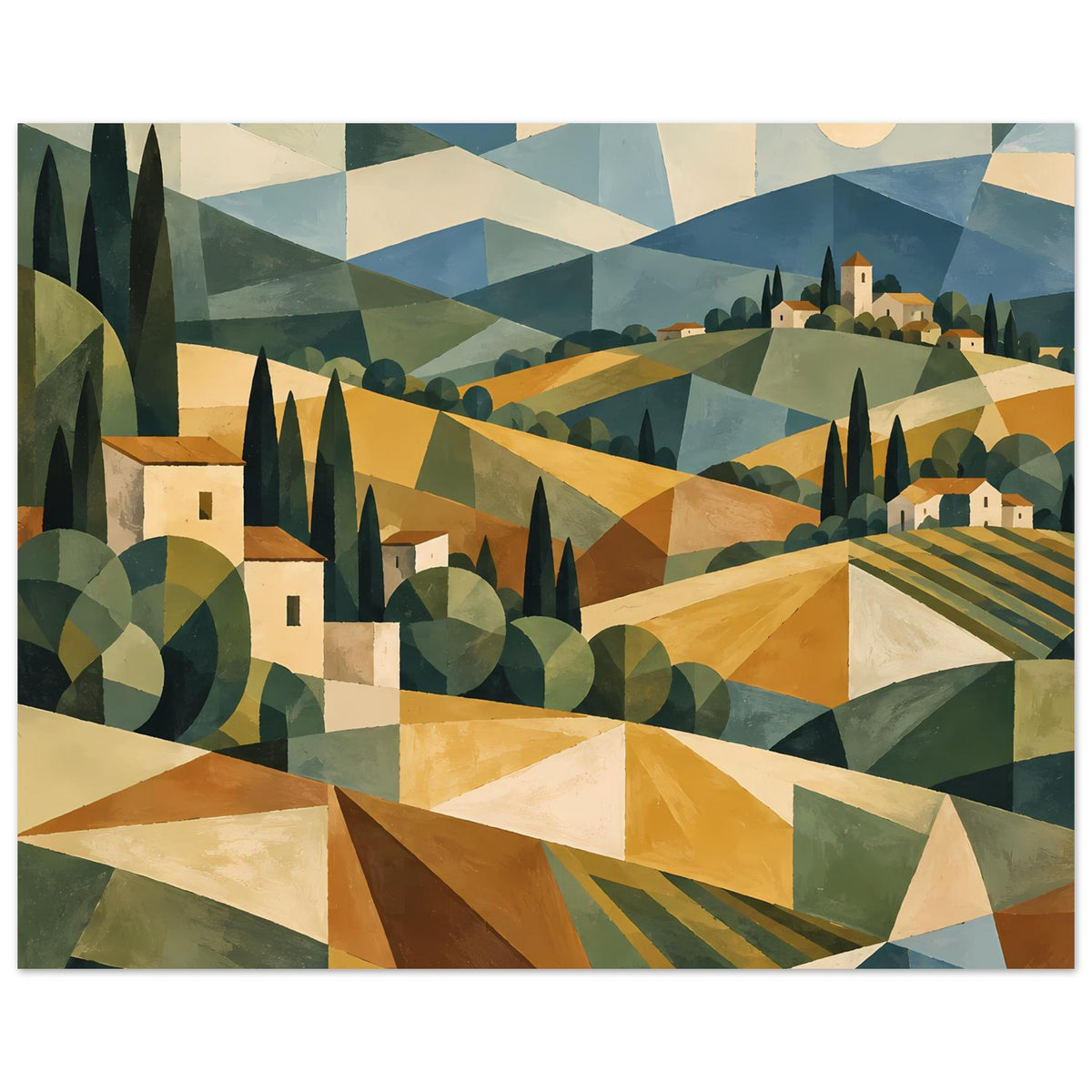 Poster mit Toskana-Motiv in Geometrie: Hügel, Häuser, Zypressen, Olivenbäume und Sonne im Himmel