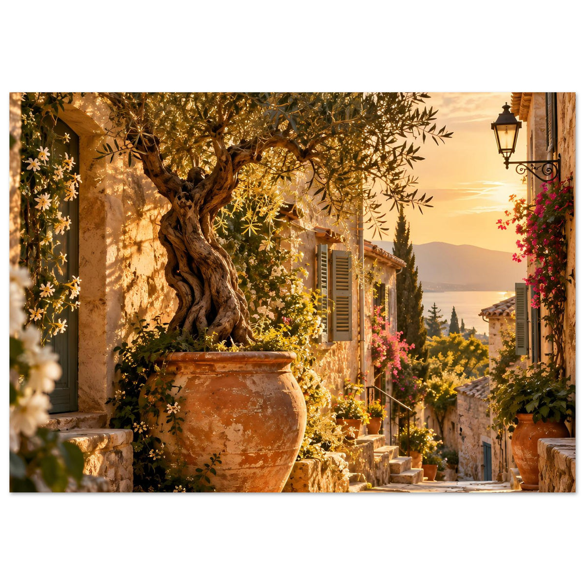 Mediterranes Poster mit Olivenbaum, Terrakotta-Vase, Steingasse und Blumengirlande
