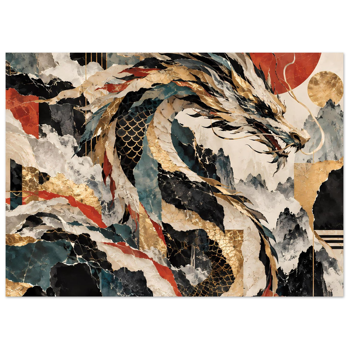Drachen-Poster im Rahmen, abstrakte Farbflächen in Gold, Rot und Blau, horizontal