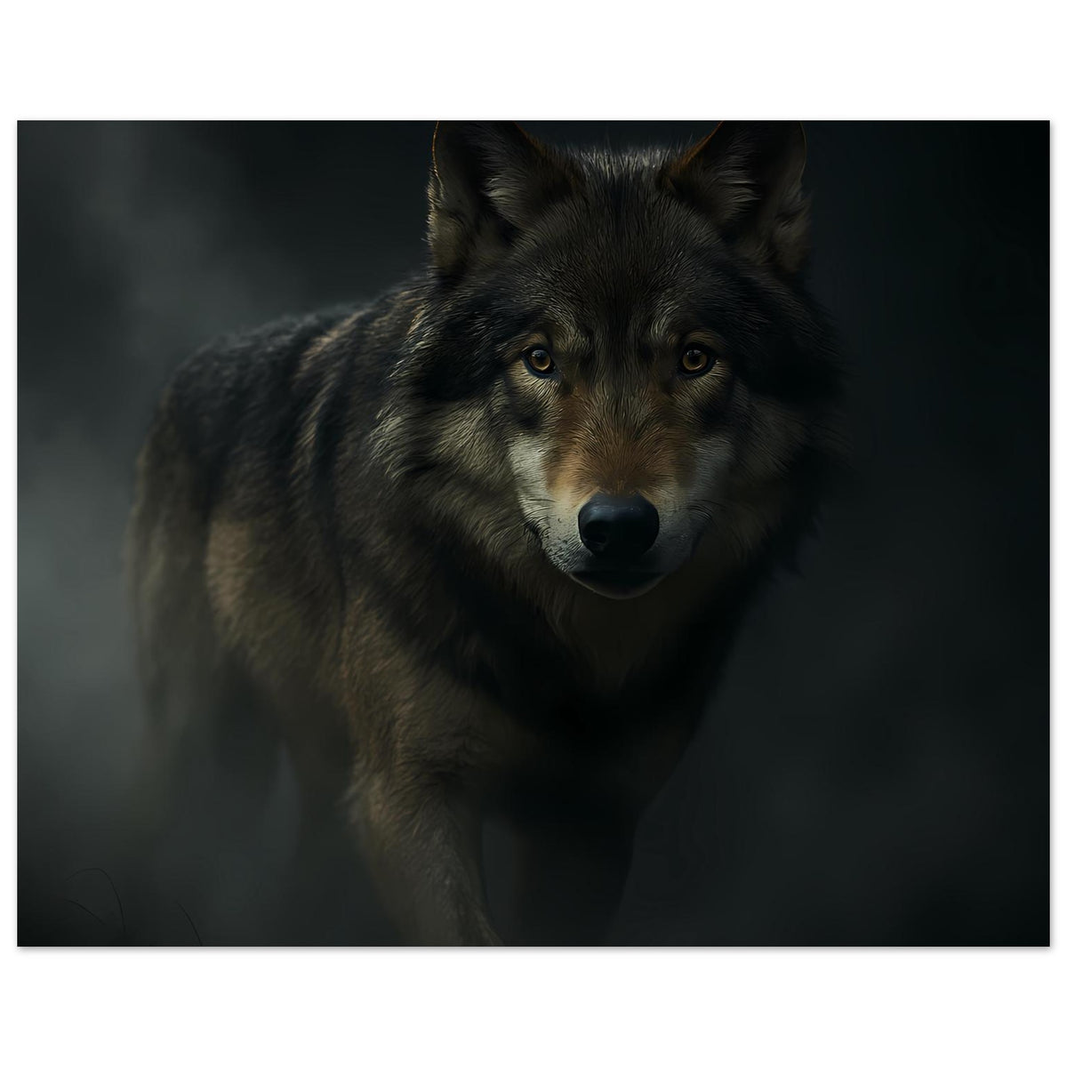Wolfgesichtposter im Querformat, grauschwarzes Fell, gelbliche Augen, dunkle Farbflächen