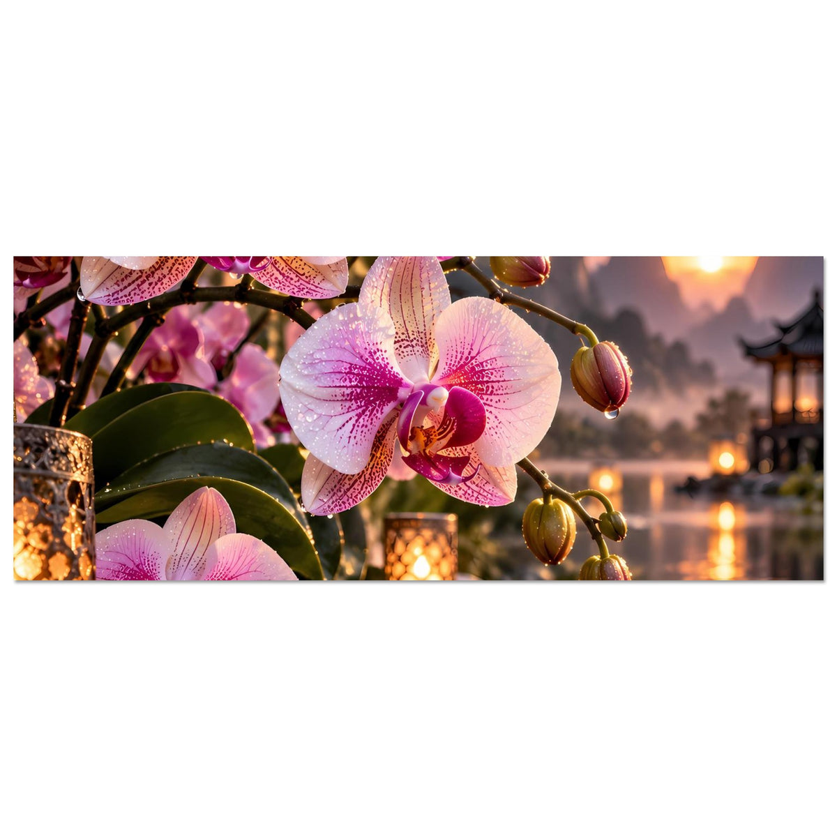Panorama-Poster mit rosa Orchideen, Kerzenhaltern und Blüten im See