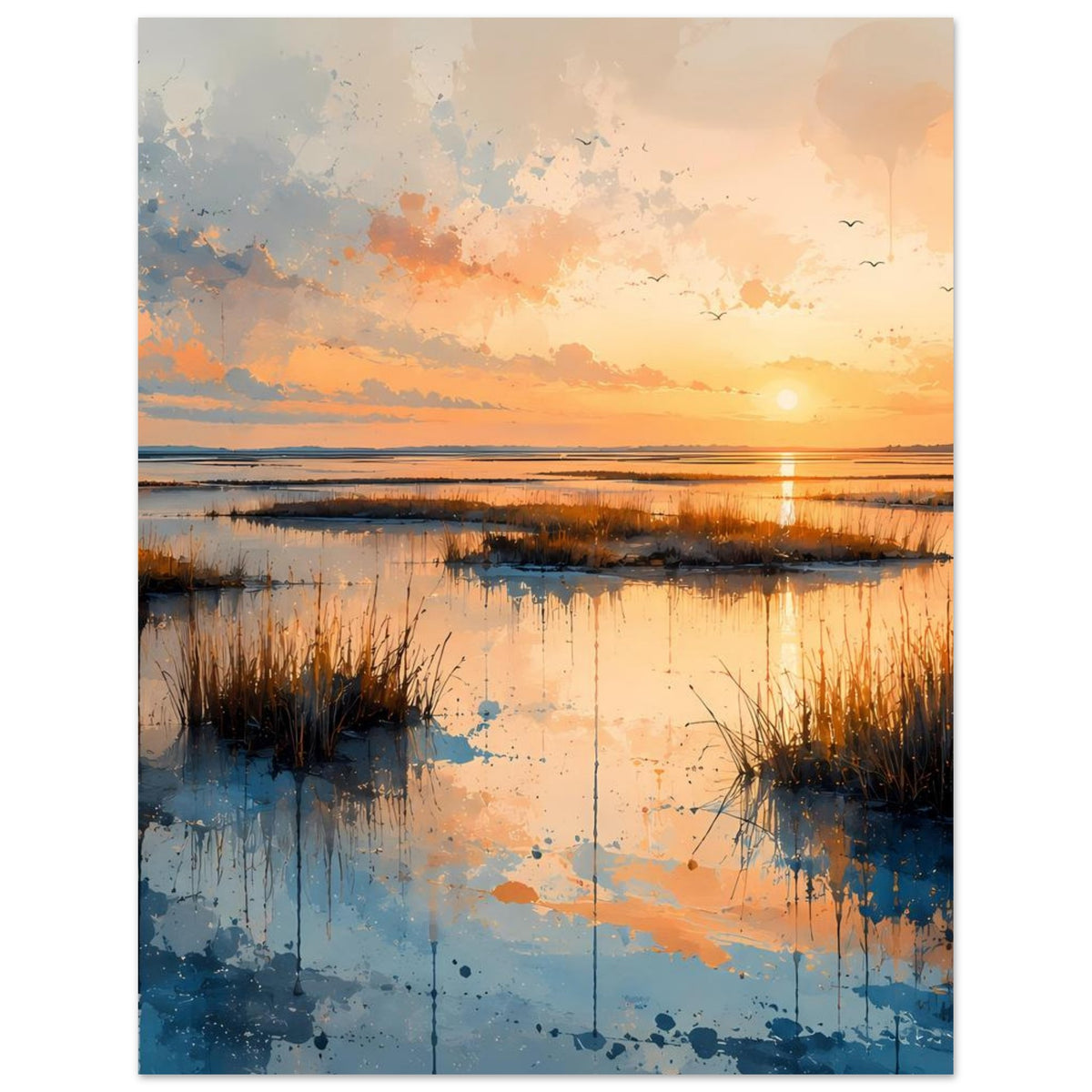 Vertikales Poster: Sonnenuntergang über Küstenlandschaft mit Spiegelung und Schilfbüscheln