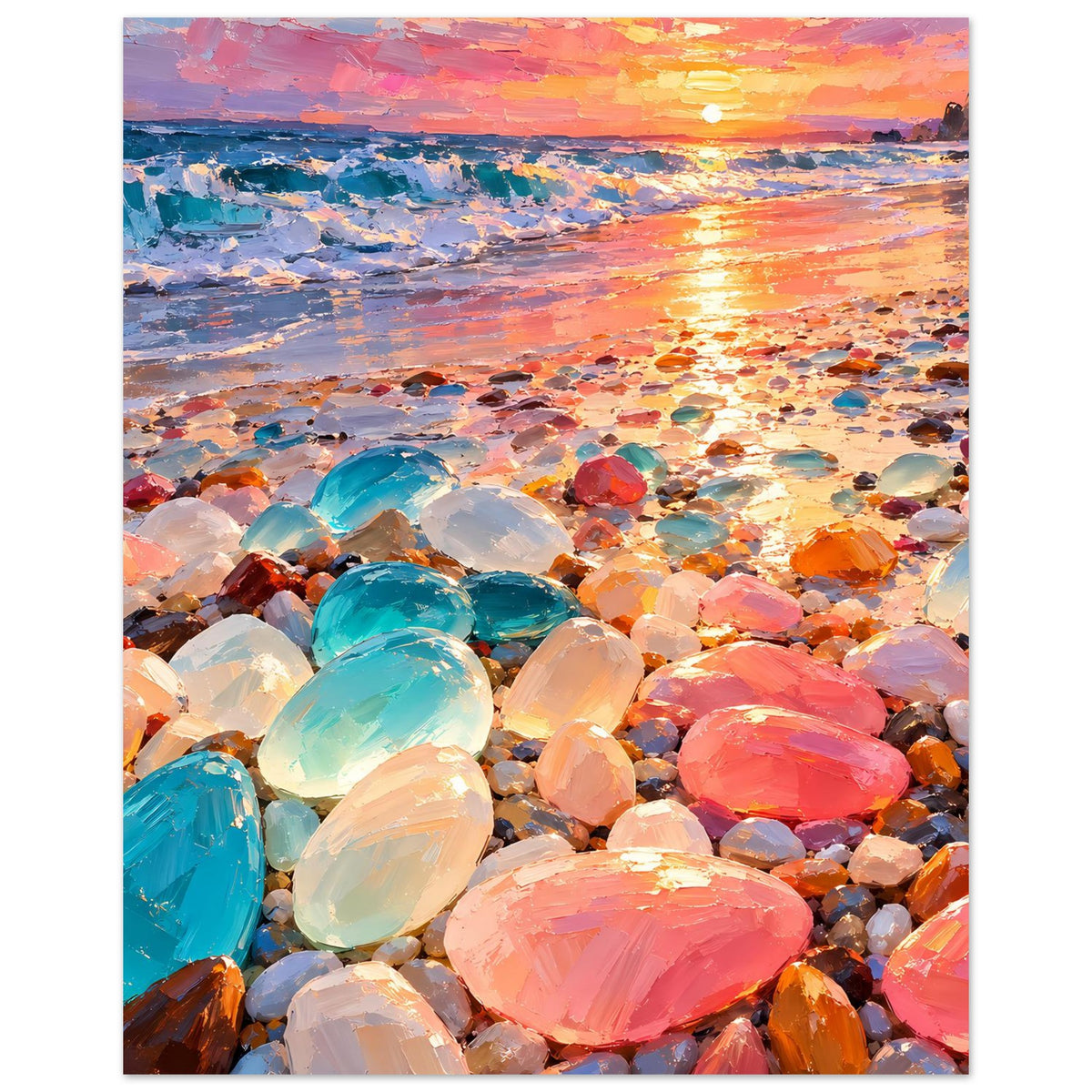 Wandposter, hochkant: Sonnenuntergang über dem Wasser mit bunten Glassteinen am Strand