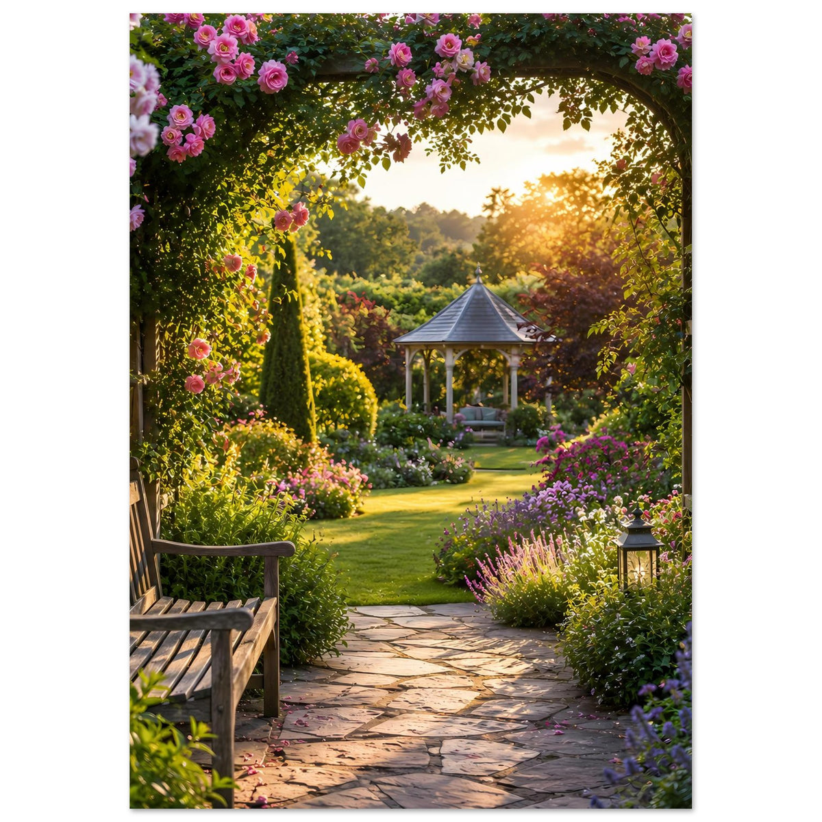 Gartenposter: Gartenweg durch Blumen mit Gartenlaube, Holzbank und Laterne