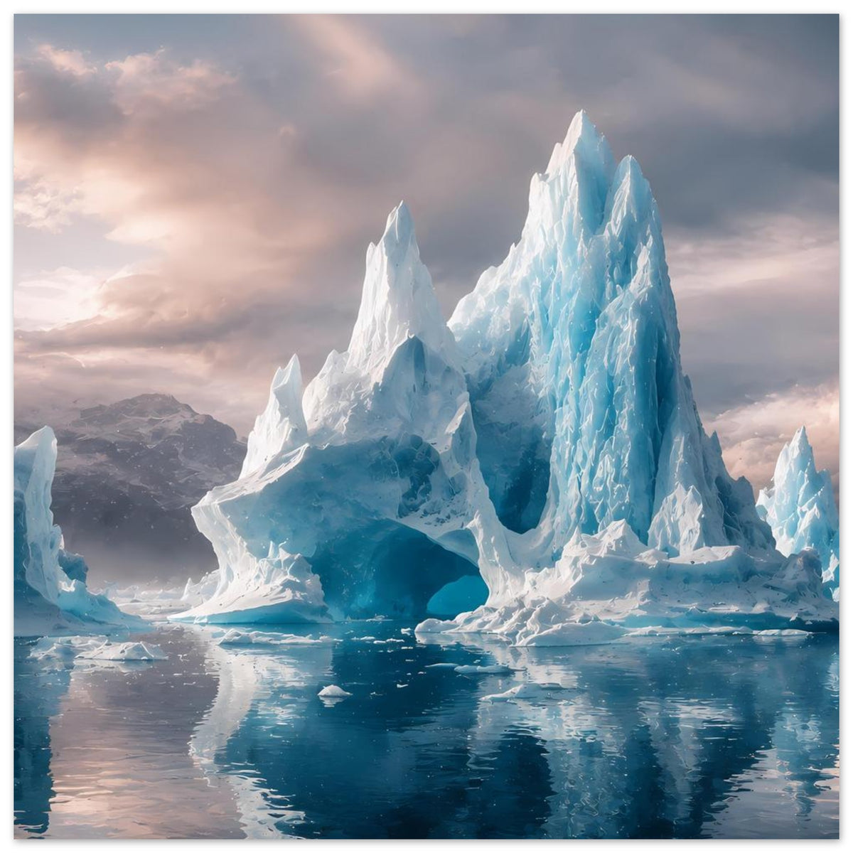 Poster mit Eisberg-Landschaft: markante blaue Eiskörper, feine Reflexionen im Wasser