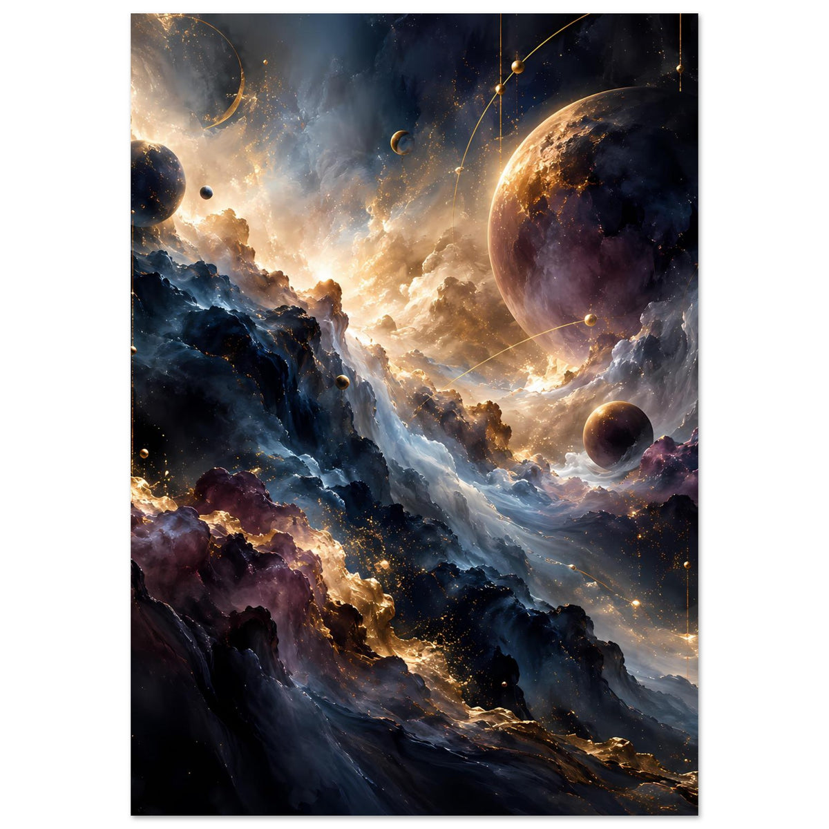 Vertikales Kunstposter mit großem Planeten rechts, kosmischen Nebeln und feinen Sternenlinien