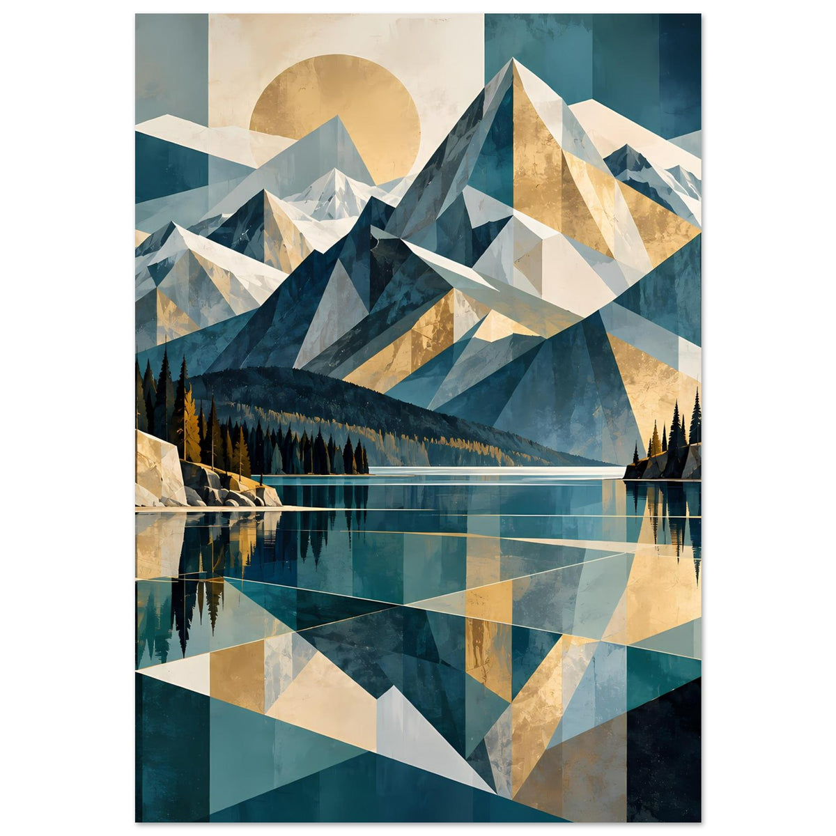 Kunstposter mit Berglandschaft, Tannen und See-Reflexion mit Dreiecksformen in Blau/Beige