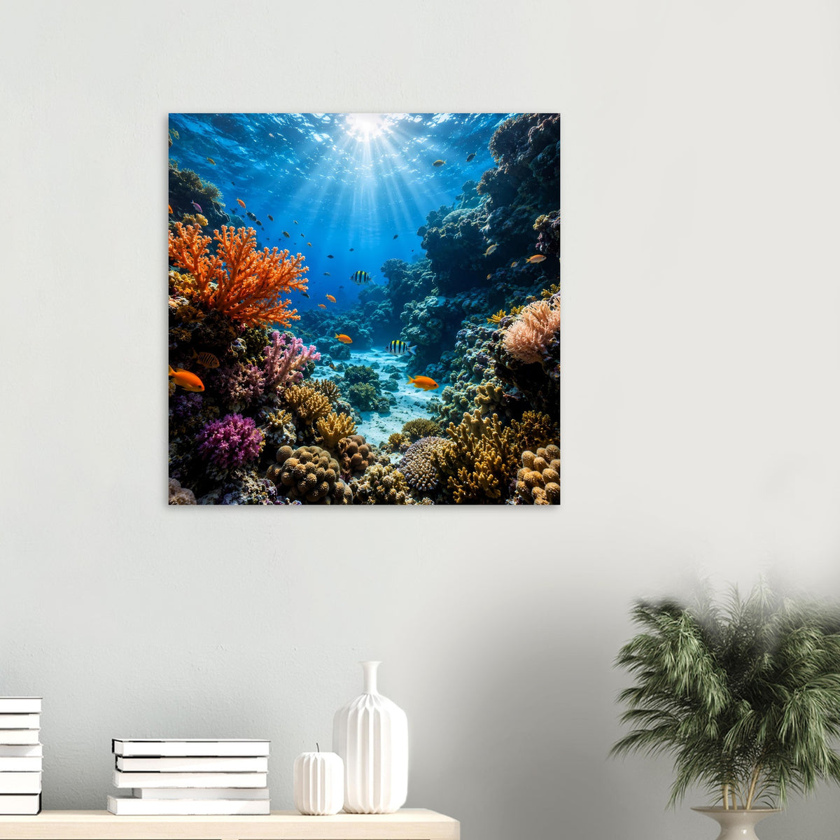 Kleines Poster mit Korallenriff, Sonnenstrahlen und Fischen im blau-türkisen Wasser