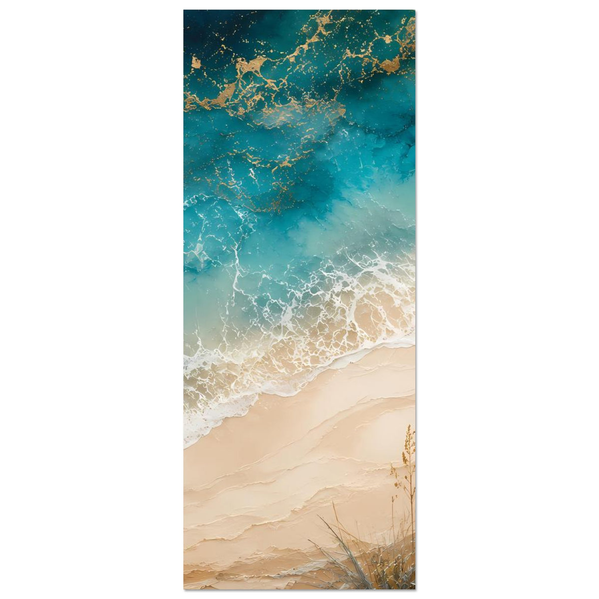 Hochformat-Küstenposter mit blauem Meer, weißem Schaum und beigem Strand
