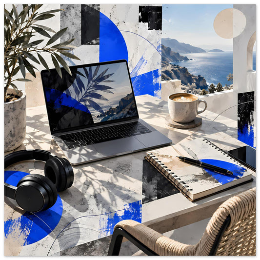 Küstenposter mit blauem Abstractmotiv, Meer- und Bergblick, Laptop, Notizblock