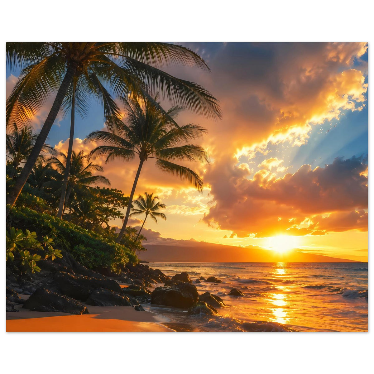 Strandposter, Nahansicht: Palmen über dem Strand bei goldenem Sonnenuntergang