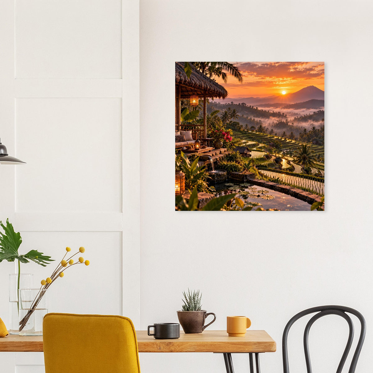 Poster: tropische Reisterrassen, Beleuchtung am Lodge-Dach und Sonnenuntergang