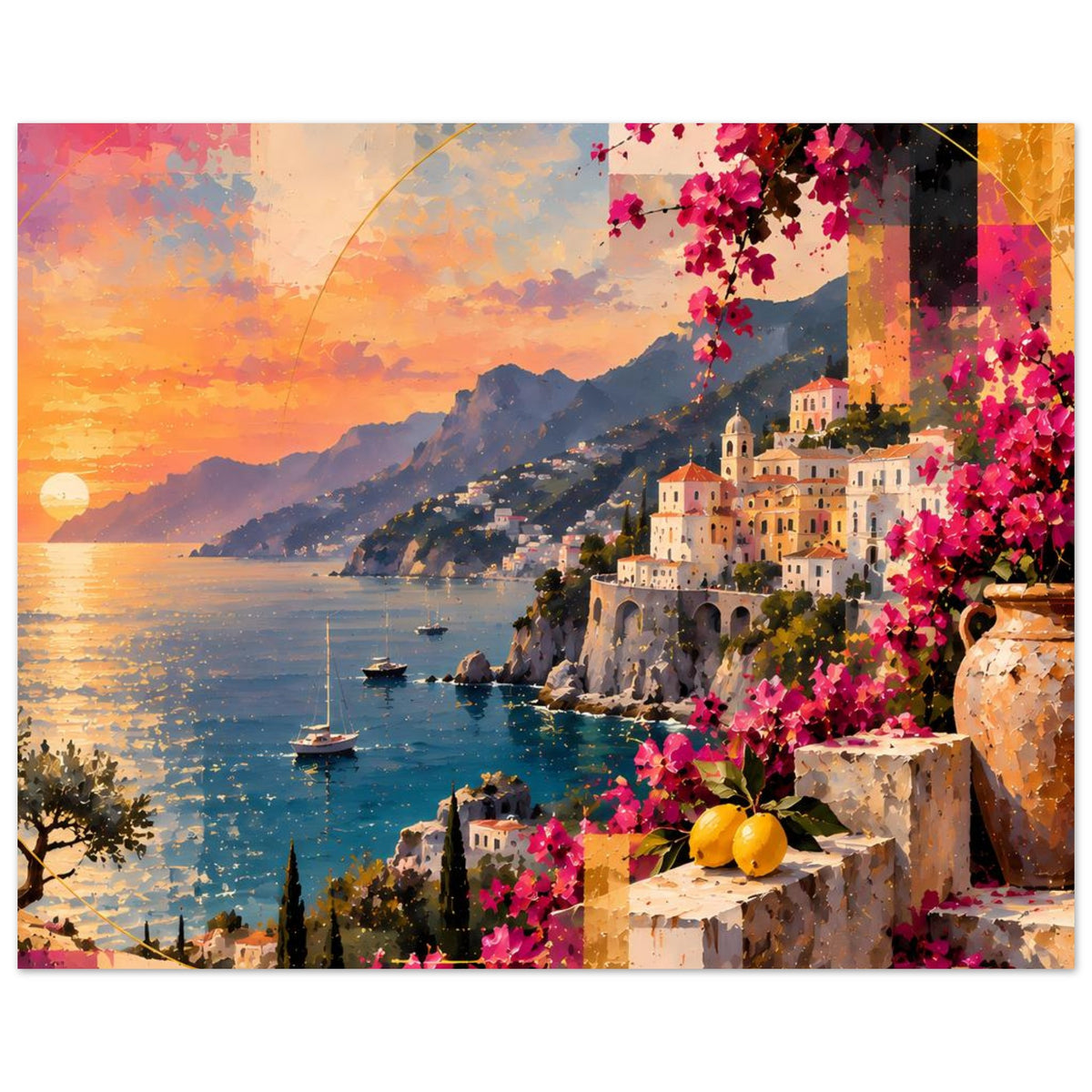 Poster: Abendsonne über dem Meer mit Booten, Altstadt am Hang, pinke Bougainvillea am Balkon