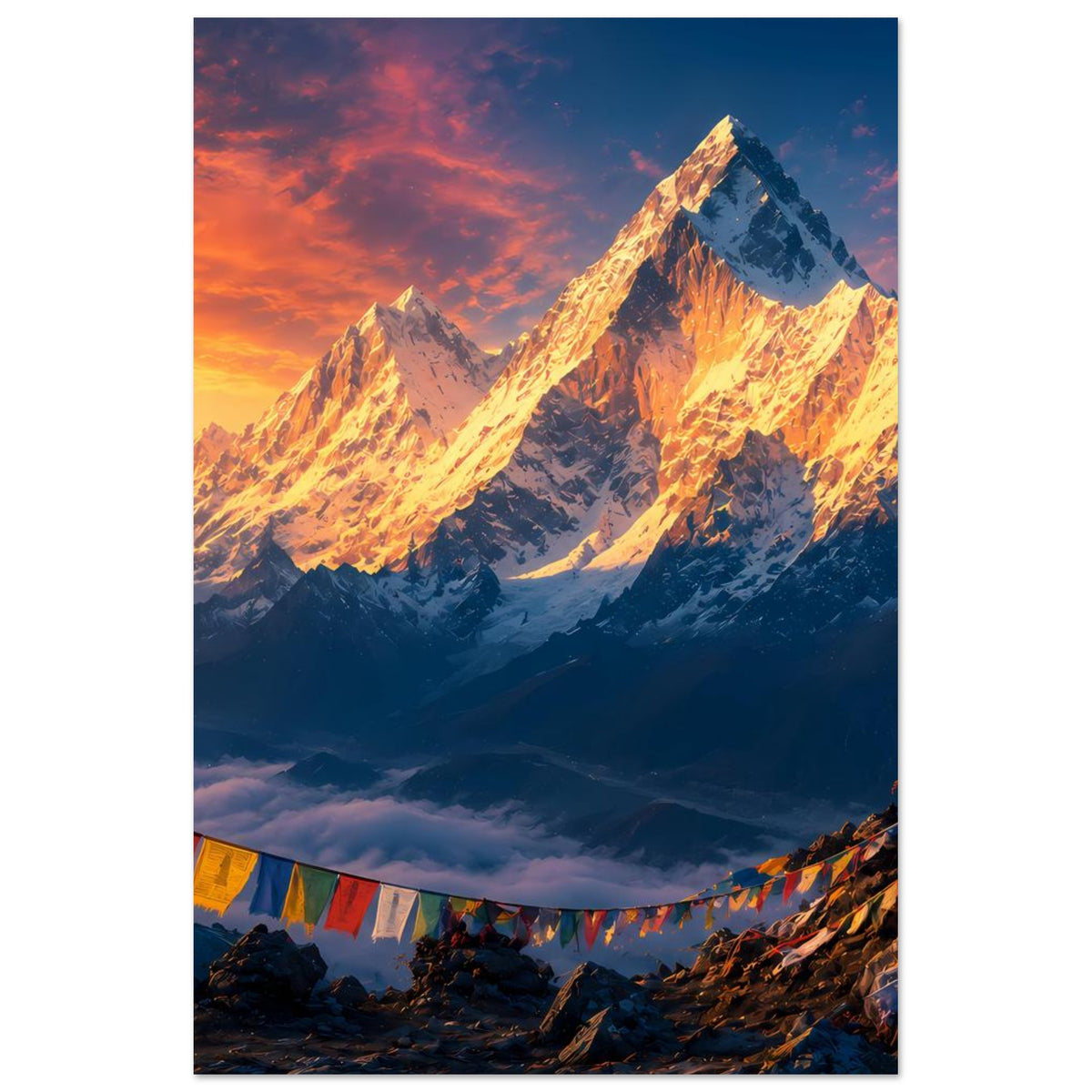 Vertikales Poster mit Bergkette im Sonnenaufgang, leuchtende Schneekanten und tiefe Täler.