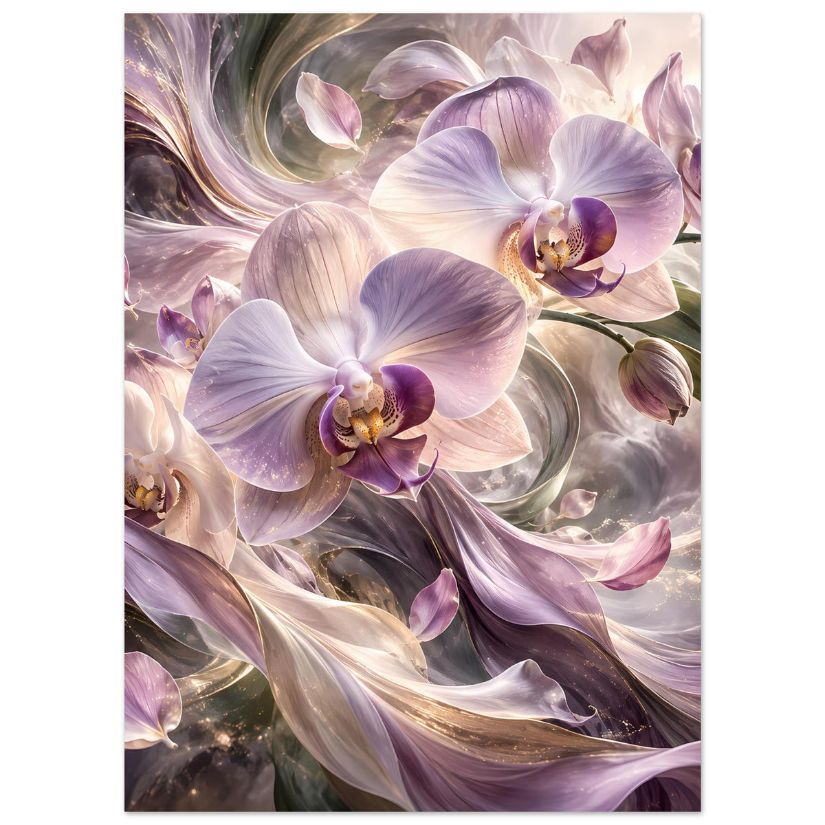 Blumenposter: cremefarbene Orchideenblüten mit violetten Details und weichen Ranken