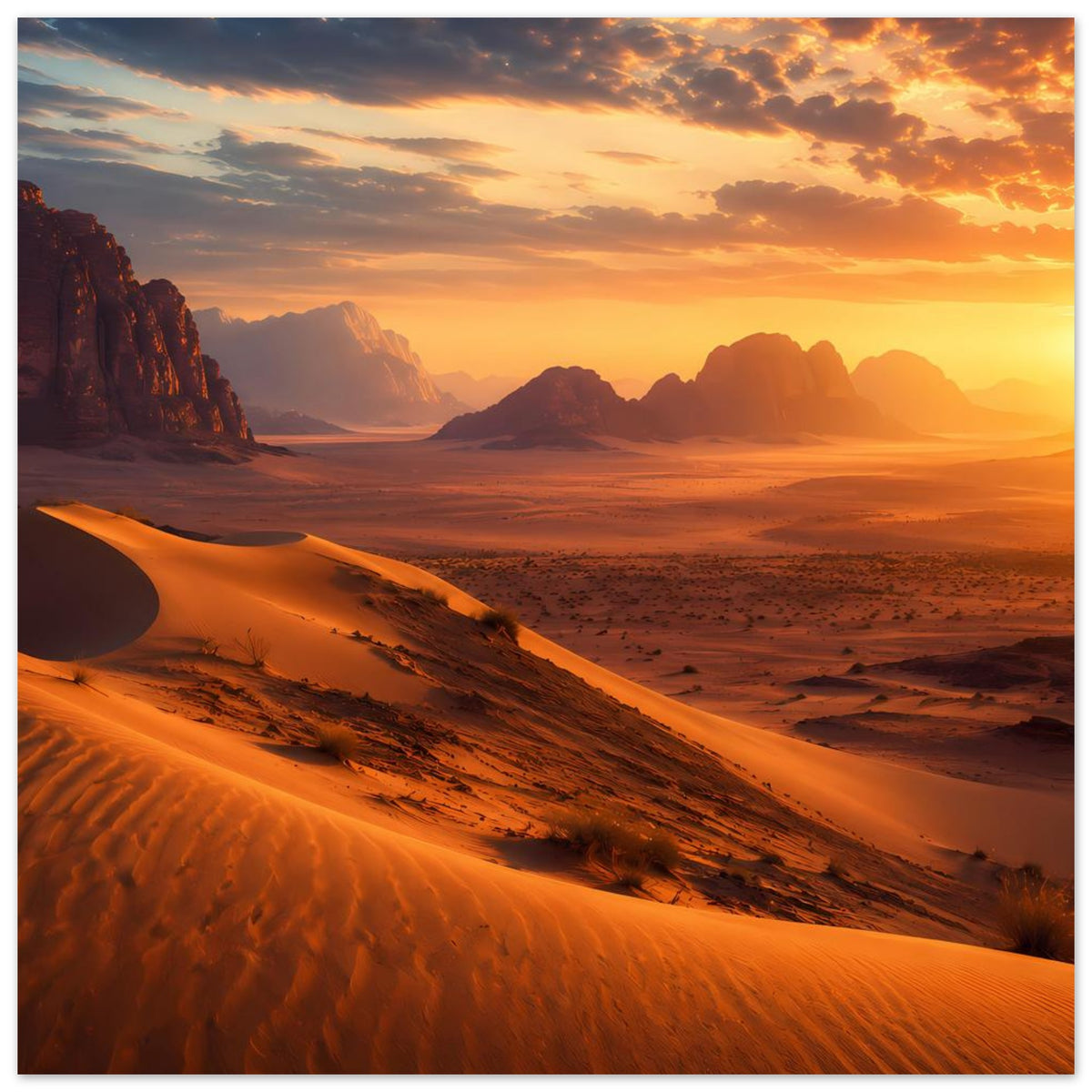 Wüstenlandschaft-Poster im Querformat: gebogene Düne, Berge im Hintergrund, Abendhimmel.