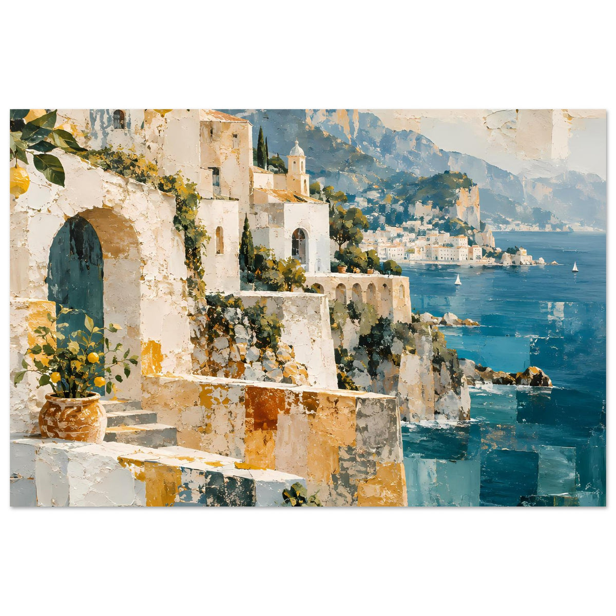 Kunstposter mit Meerblick: ockerfarbene Architektur, tiefblaues Wasser, Berglandschaft