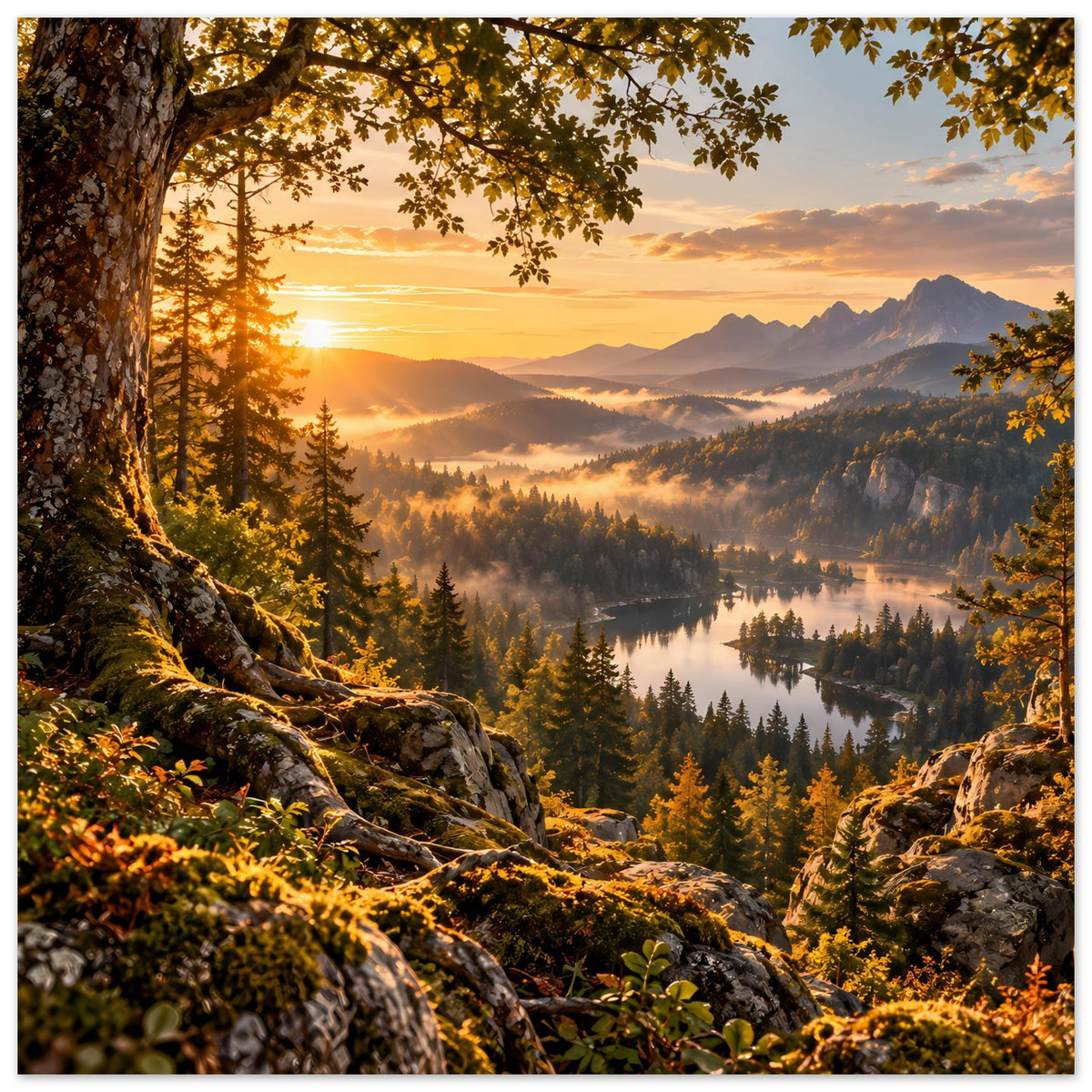 Landschaftsposter mit Sonnenaufgang, Bergen, See und Fichten im Vordergrund