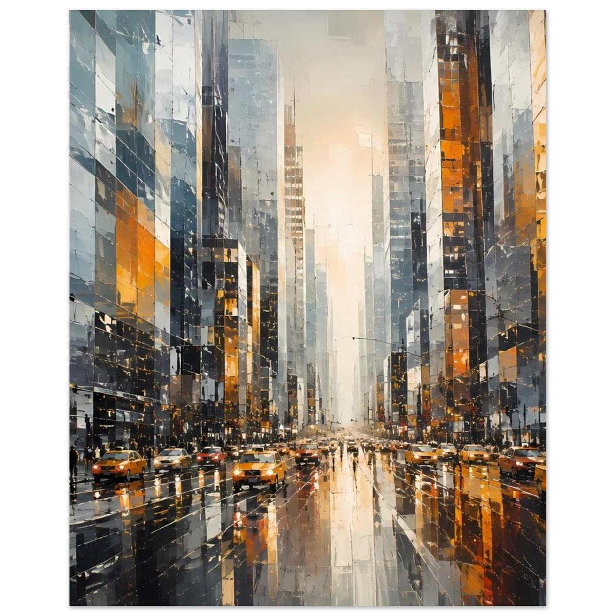 Stadtposter mit belebter Innenstadtstraße, hohen Gebäuden und gelben Taxis, helles Zentrum