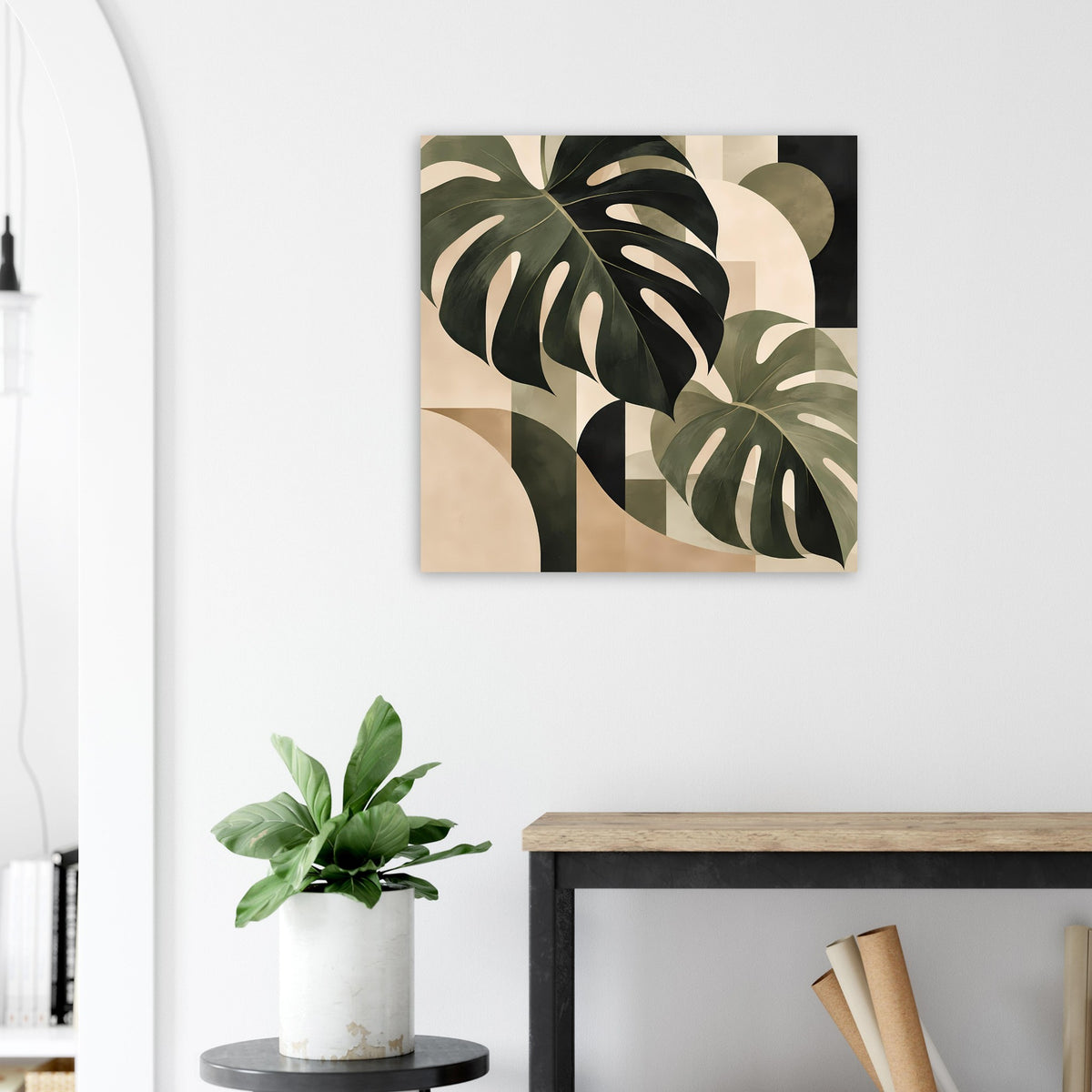 Quadratisches Poster mit abstrakten Monstera-Blättern in Salbeigrün und Dunkelgrün