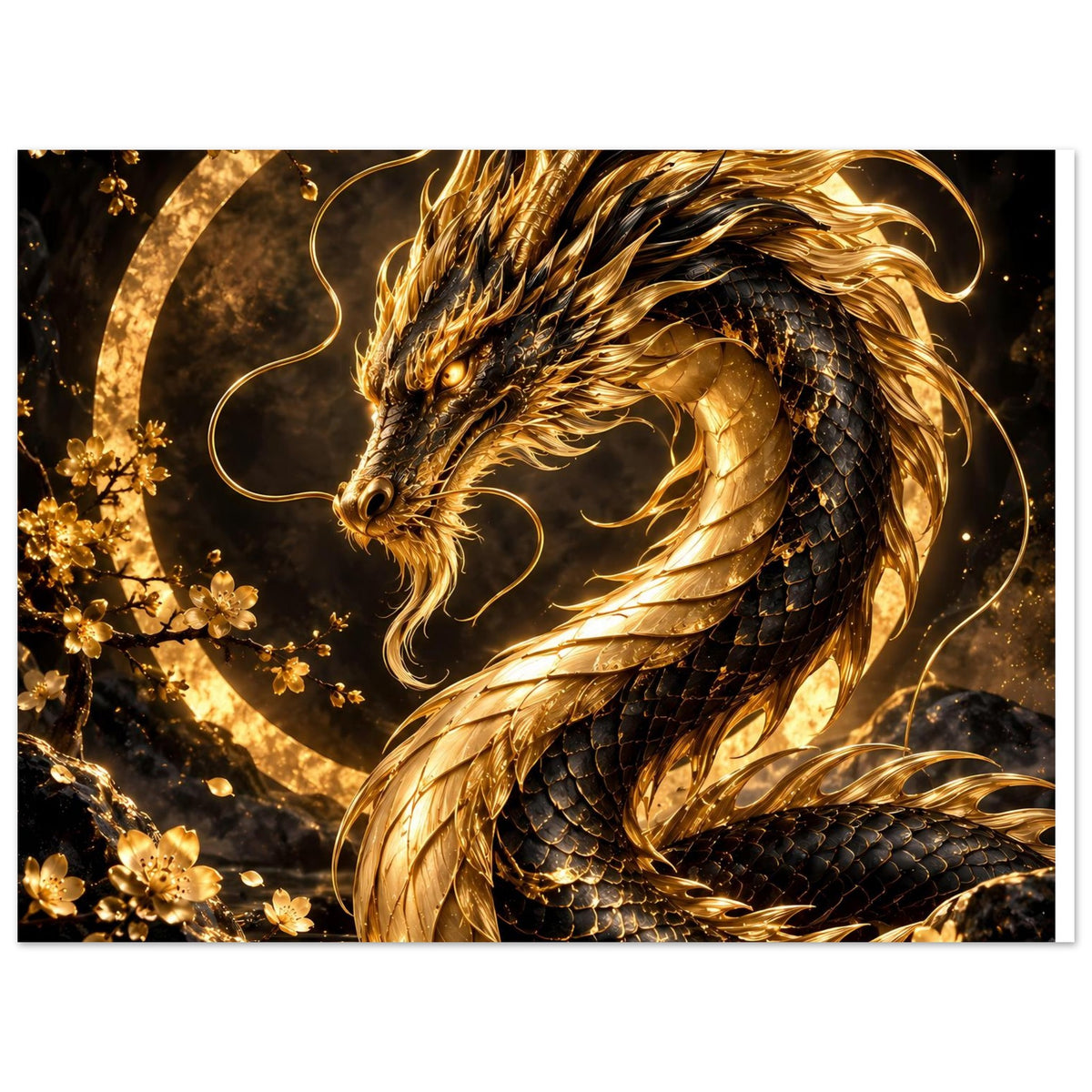 Poster mit goldenem Drachen im Blütenkreis, Drachenkopf mit goldenen Wirbeln