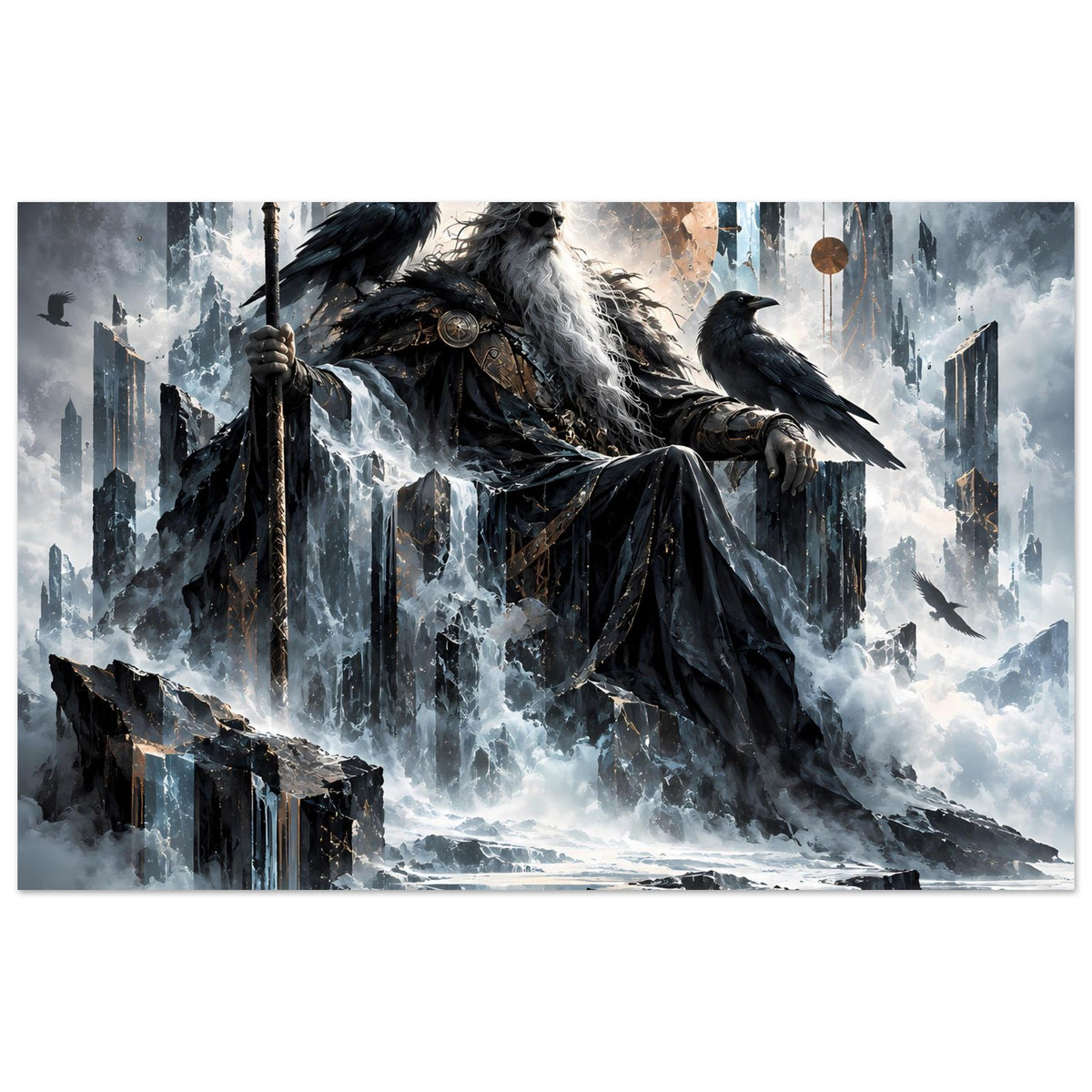 Mythologie-Poster: Odin auf dem Thron, umgeben von Raben und fallenden Steinen