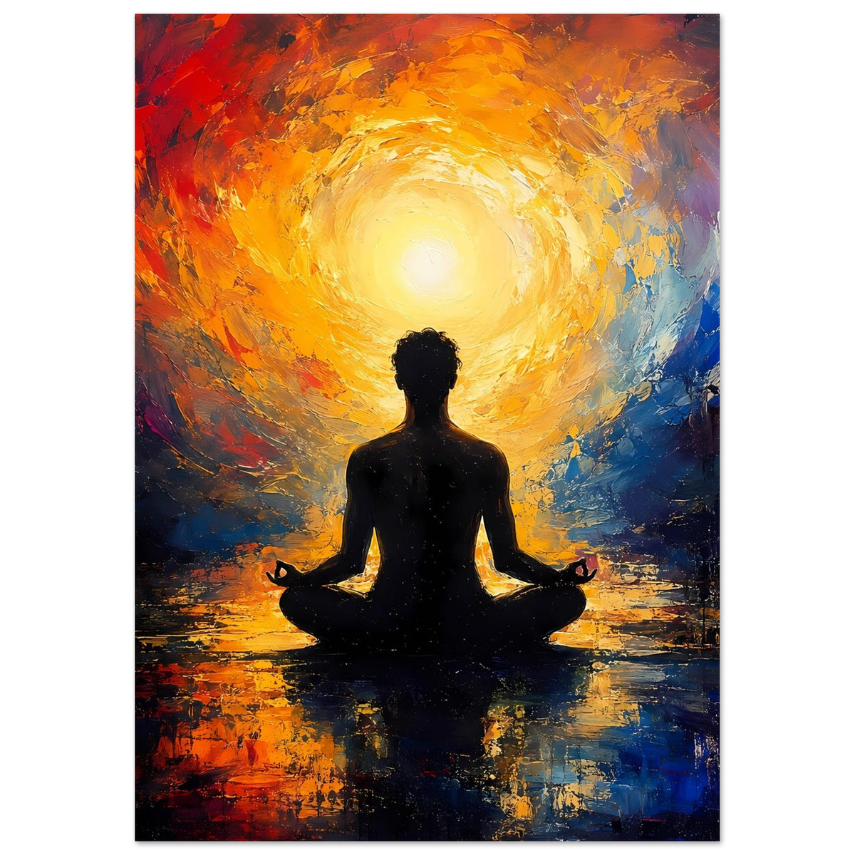 Vertikales Meditations-Poster: Silhouette im Schneidersitz vor leuchtender gelber Lichtspirale