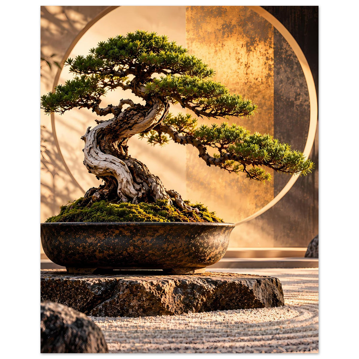 Poster mit Bonsai-Baum in dunkler Schale, goldener Kreis; Fokus auf Baumkrone