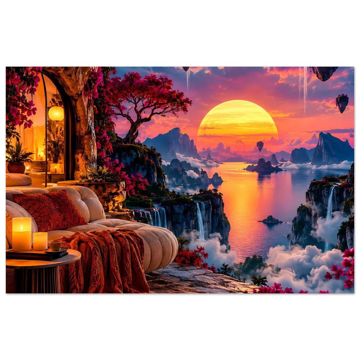 Poster: surreale Landschaft mit großer Sonne, Fluss, Wasserfällen und lila Blüten.