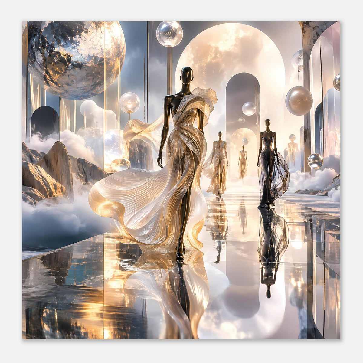 Fantasy-Poster: goldene Figur, Spiegelungen auf dem Boden und dunkle Silhouetten