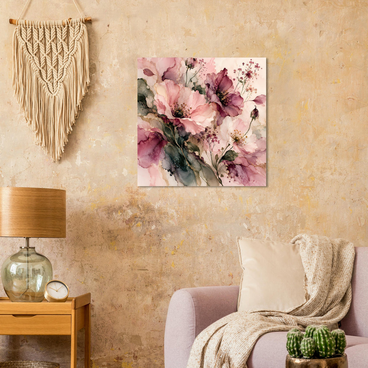 Blumenposter mit rosa und burgunderroten Blütenzweigen, grünen Blättern und Punkten