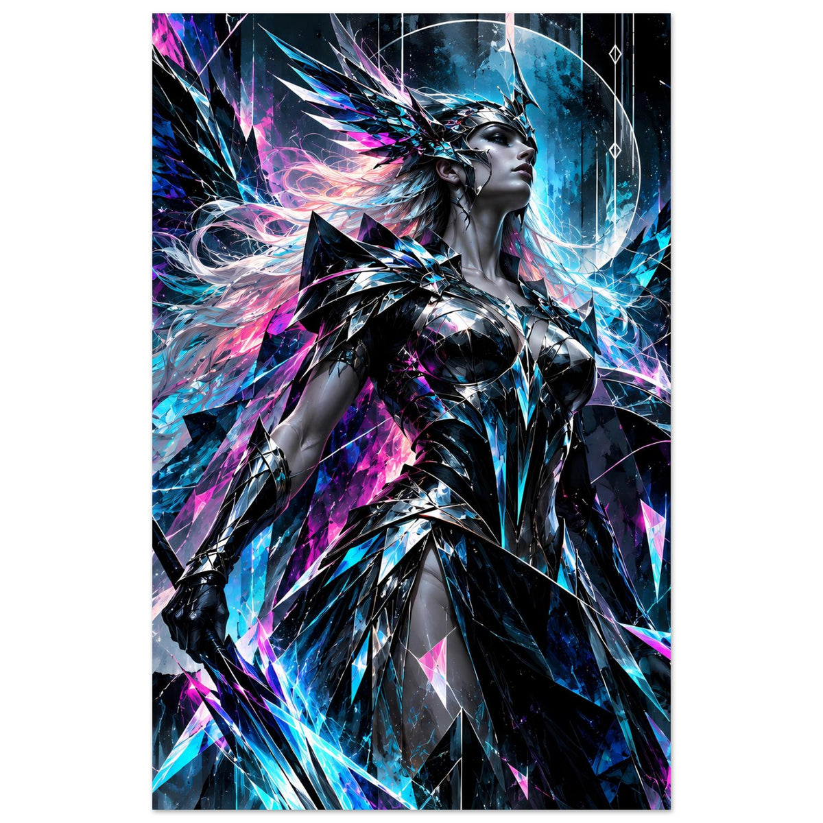 Vertikales Poster mit Valkyrie-Figur in silberner Rüstung, Neonblau und Pink, Detailansicht