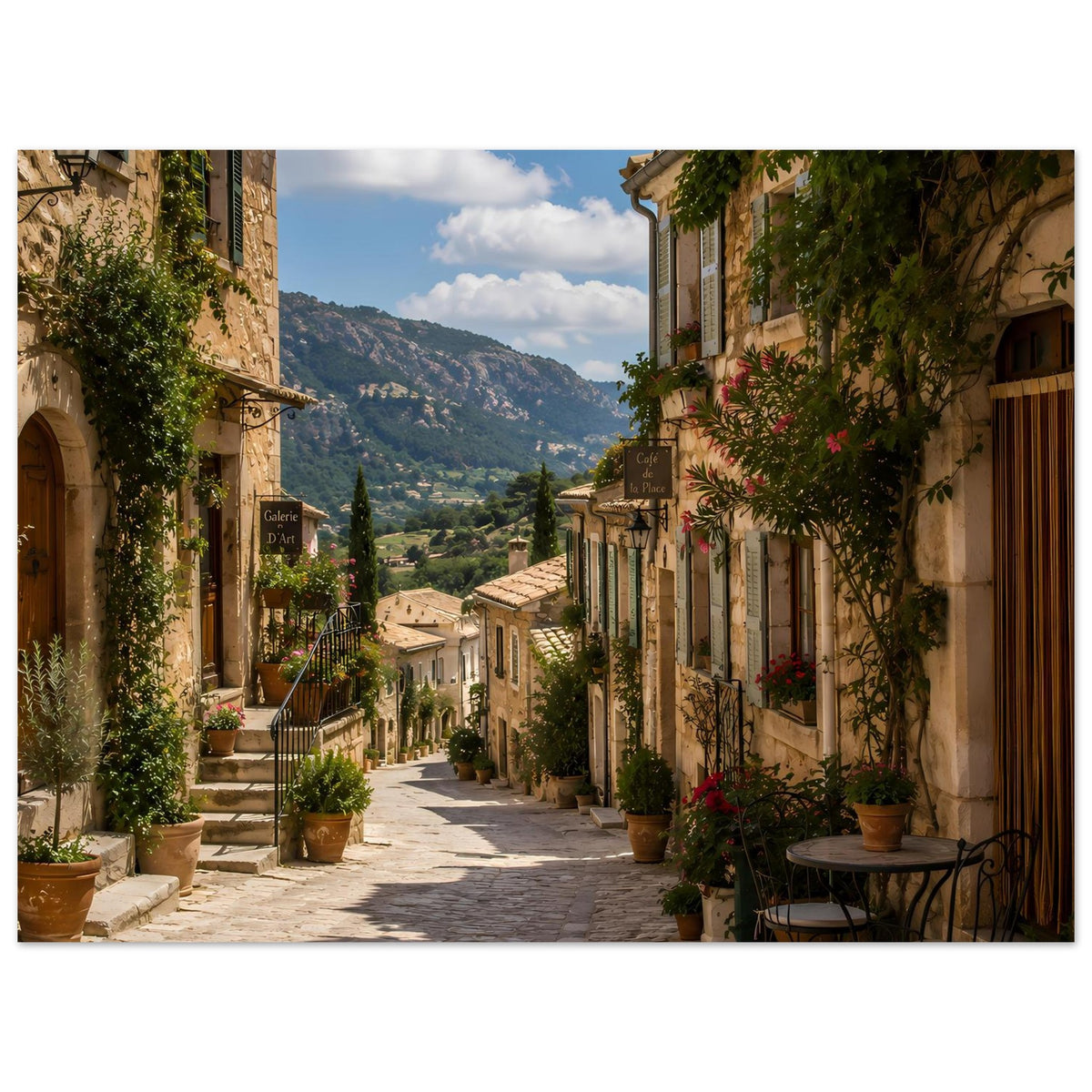Poster mit mediterraner Gasse, grüner Fassadenbegrünung und Blick auf die Berge