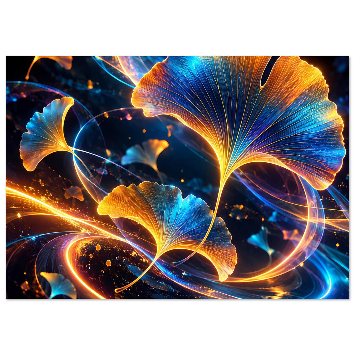 Botanisches Poster im Querformat mit leuchtenden Ginkgo-Blättern in Blau und goldenen Spiralen