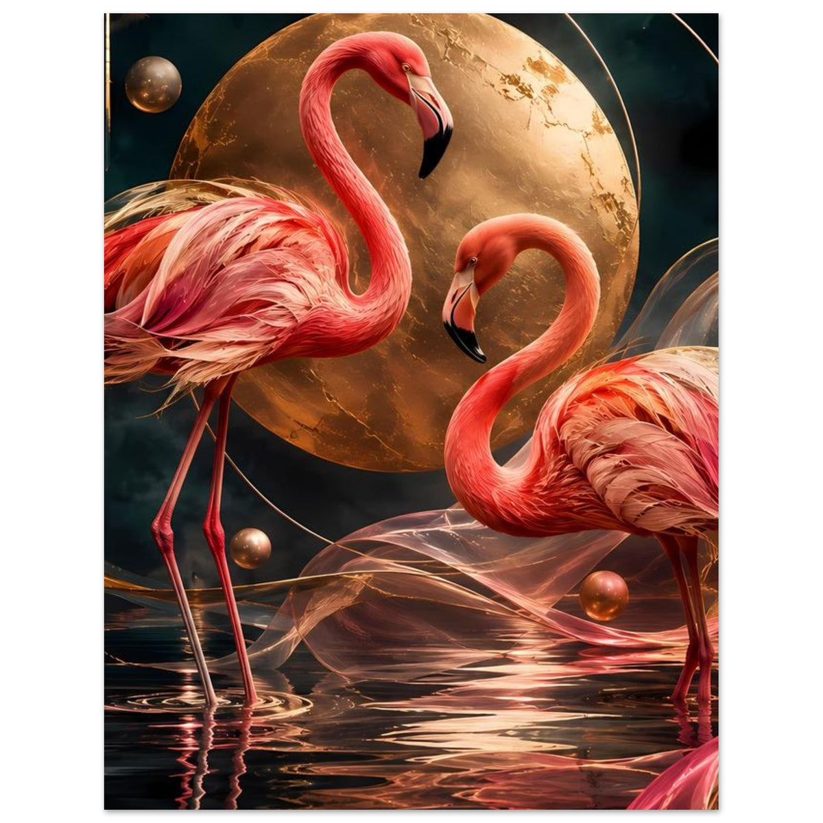 Kunstposter: zwei rosa Flamingos mit langen Federn, goldene Mondkugel im Hintergrund