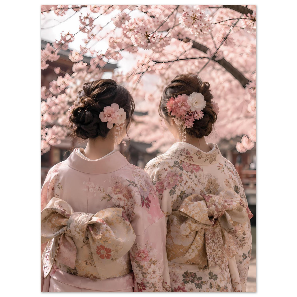 Poster mit Kimono-Motiv, zwei Personen in hellen Pastelltönen, Kirschblüten und Pflanzenmuster