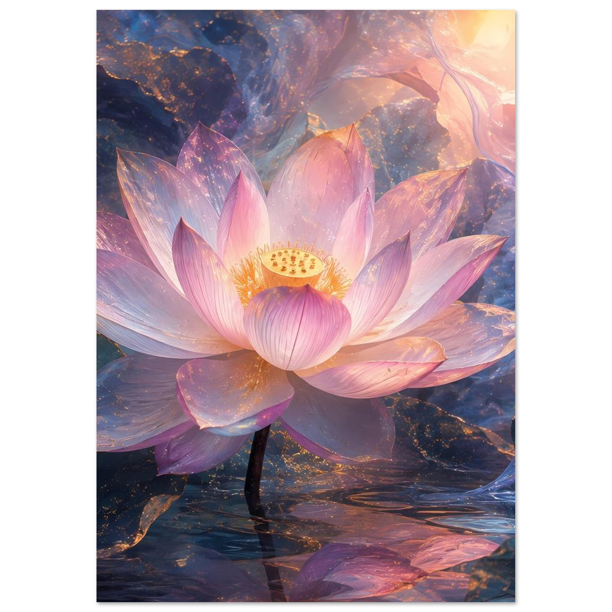 Poster mit magischer Lotosblüte, rosa und pfirsichfarbenen Nuancen, goldene Blütenmitte