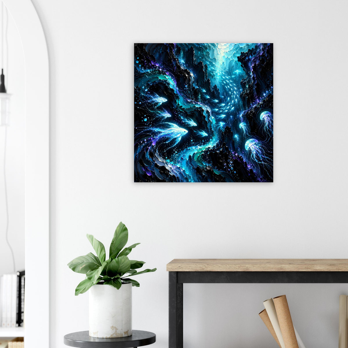 Quadratisches Poster mit blauem Unterwasserwirbel, gerahmt