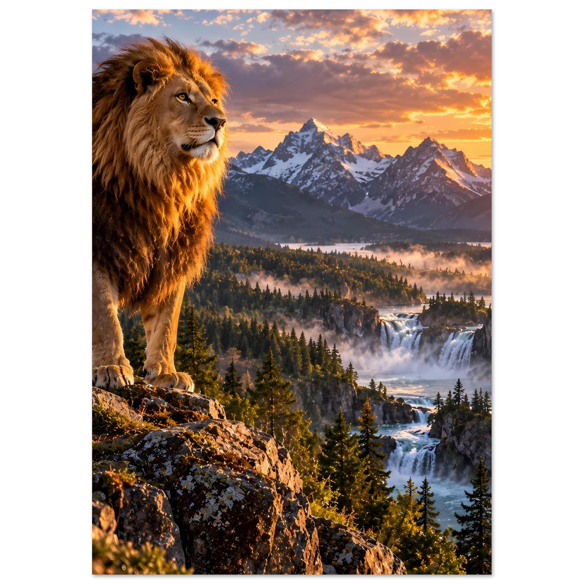 Hochformat-Poster mit brüllendem Löwenkopf, Berggipfeln und Sonnenuntergangsstimmung