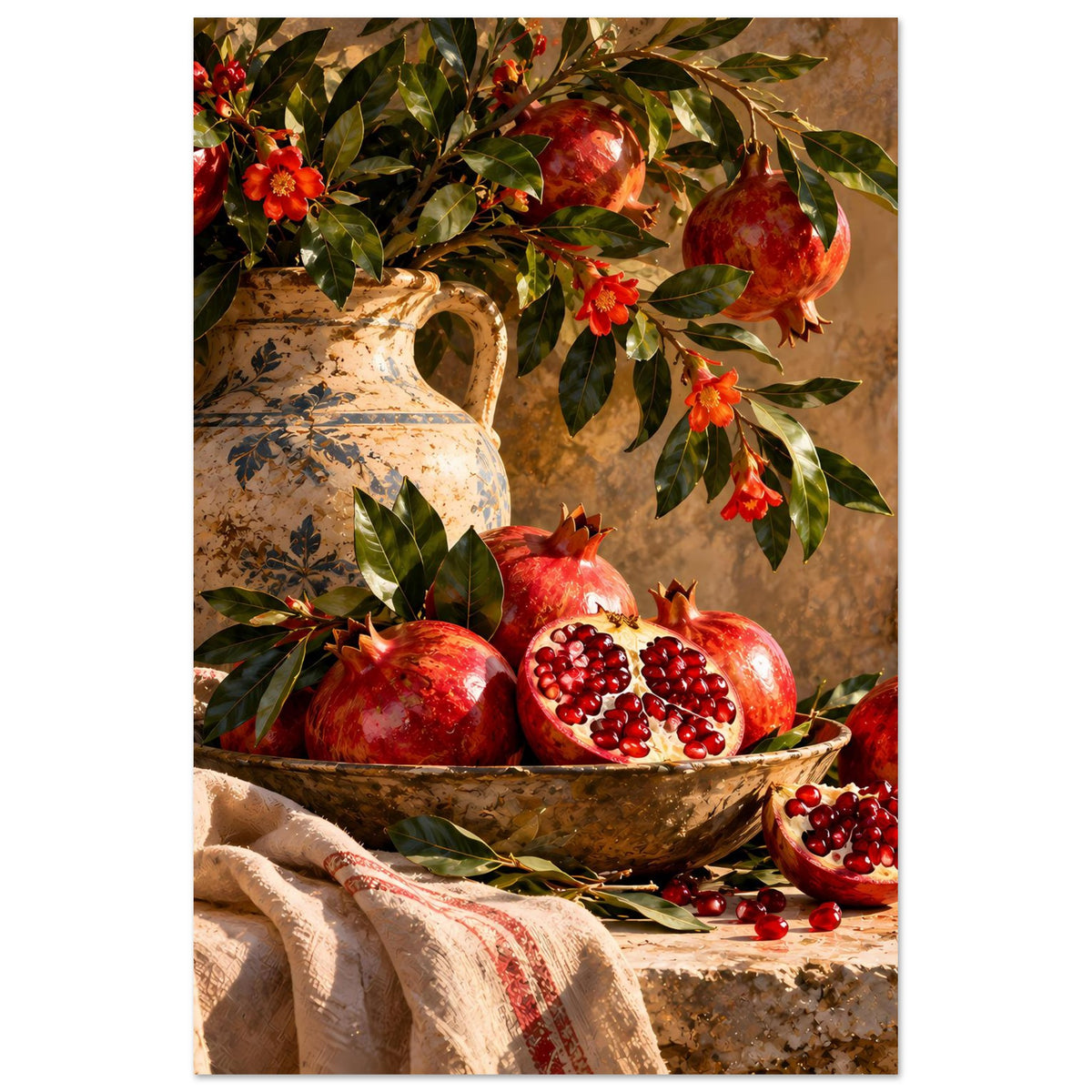 Hochformat-Poster mit Granatäpfeln und Keramikkanne; Schale mit Samen, Blätter und Blüten.