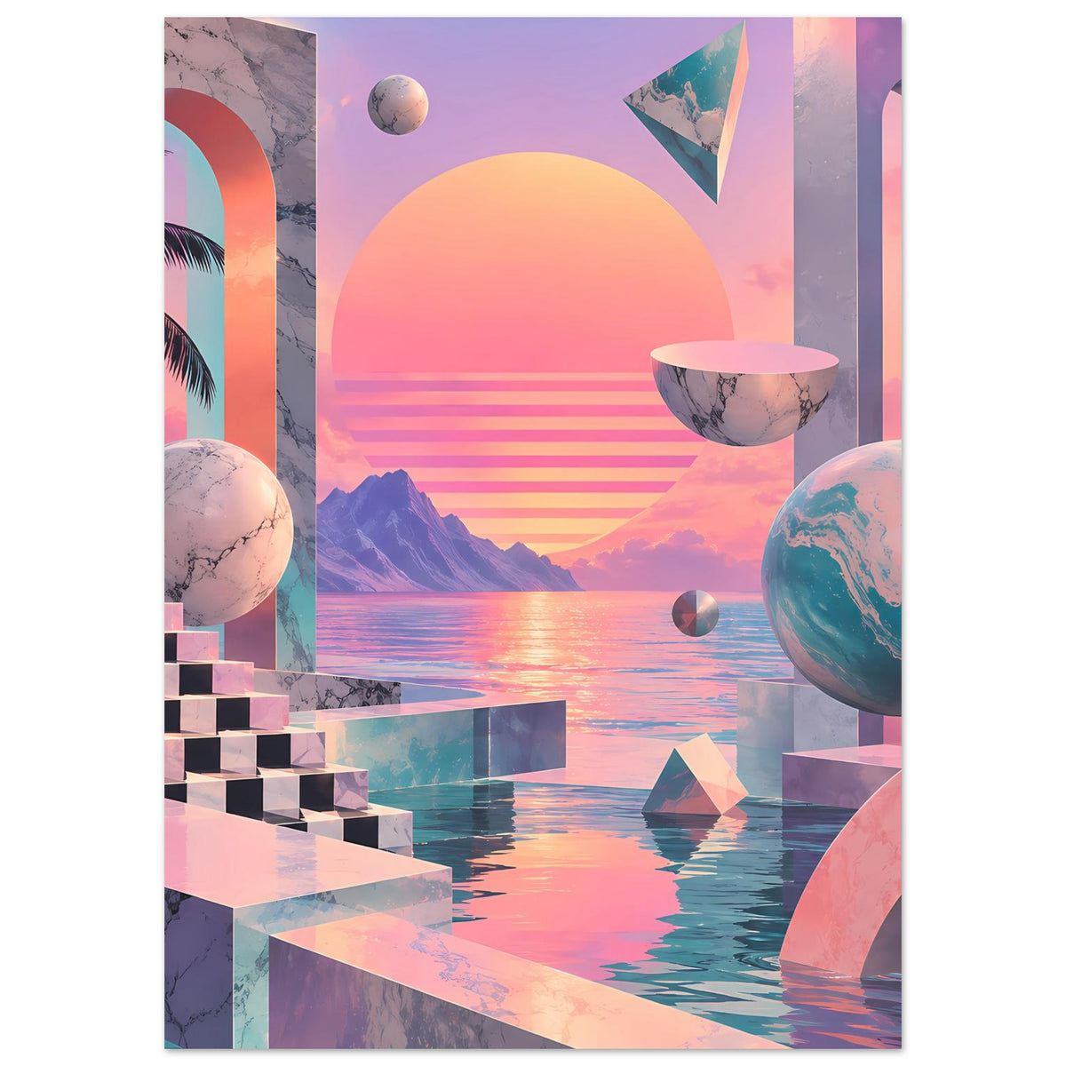Poster mit Sonnenkreis über Wasser, Planet rechts, schwebende Kugel und Würfelstufen