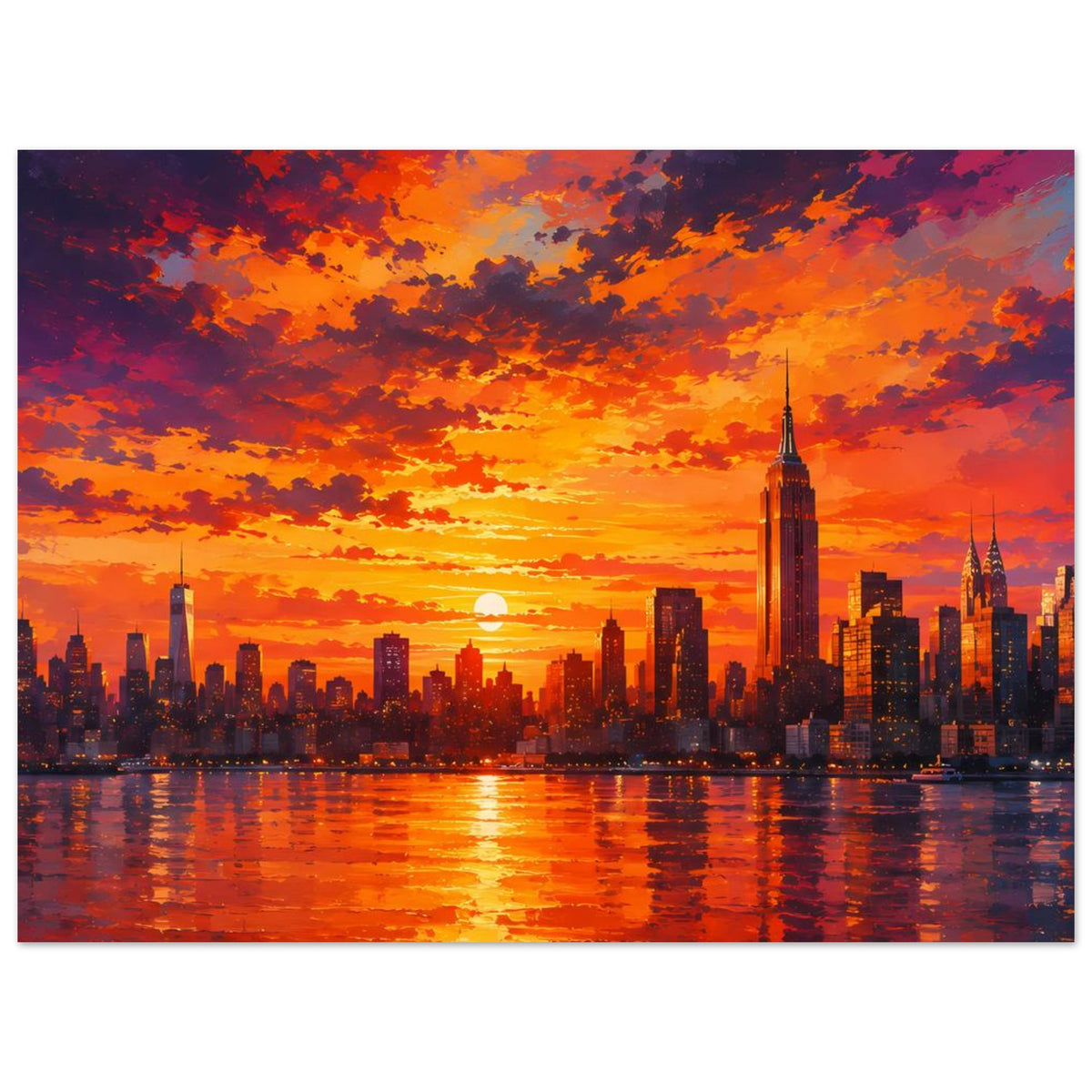 Cityscape-Sonnenuntergang Poster mit Skyline, leuchtendem Himmel und Reflexionen im Wasser