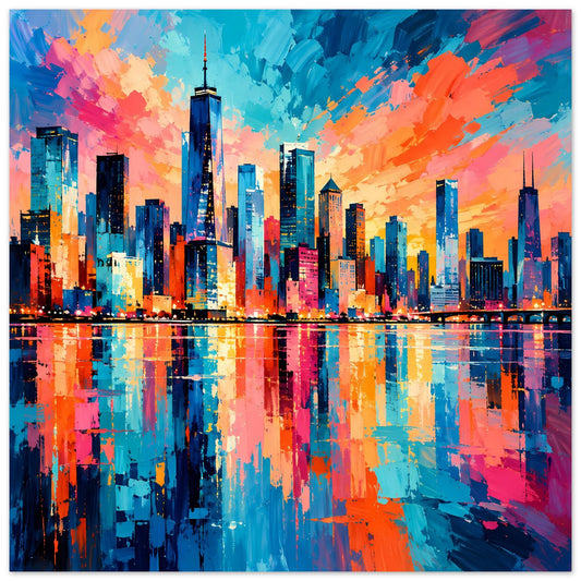 Horizontales Stadtposter mit Skyline in Blau, Pink und Orange sowie Spiegelung
