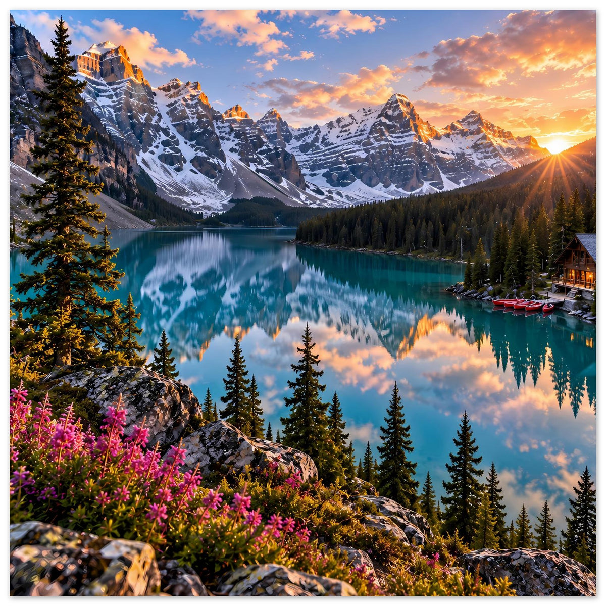 Wandposter im Hochformat mit türkisem See, Fichten, rosa Blüten, Booten am Ufer und Sonne