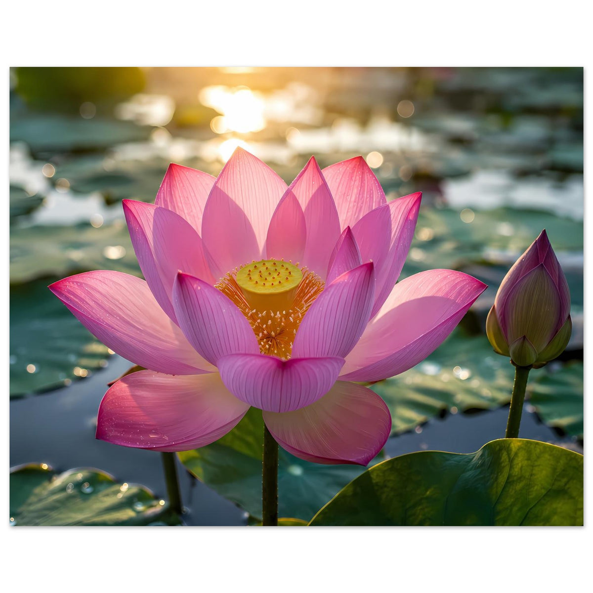 Lotusblüten-Poster mit rosa Seerose, gelbem Blütenzentrum, Wasseroberfläche und Knospe