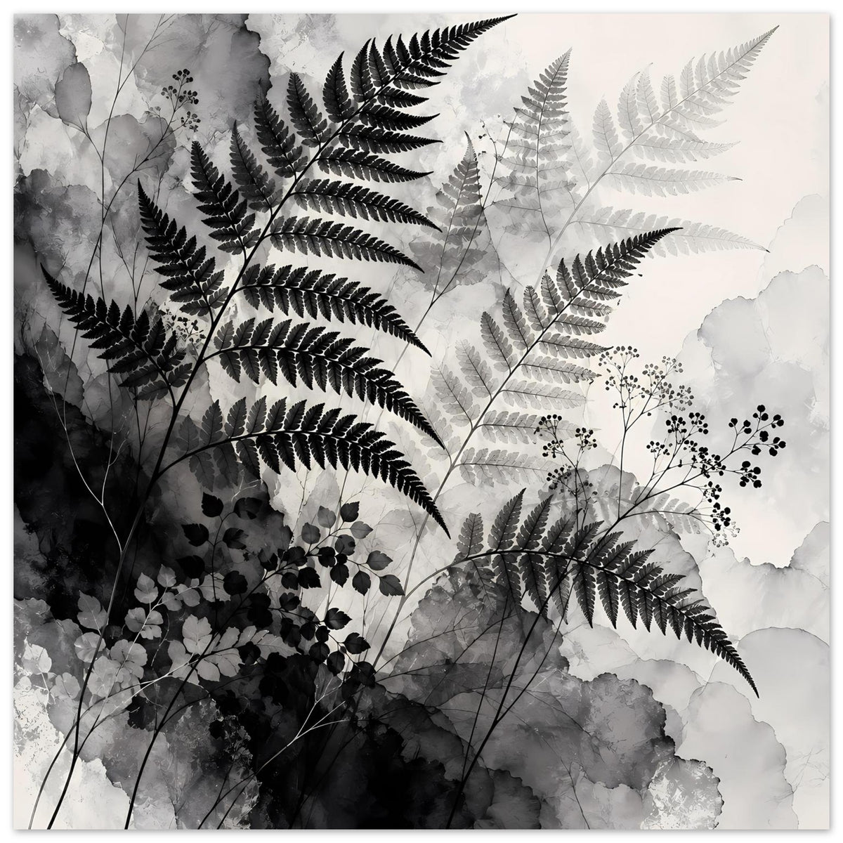 Botanisches Kunstposter (quadratisch) mit Farnblättern und Blütenzweigen in Schwarzweiß.
